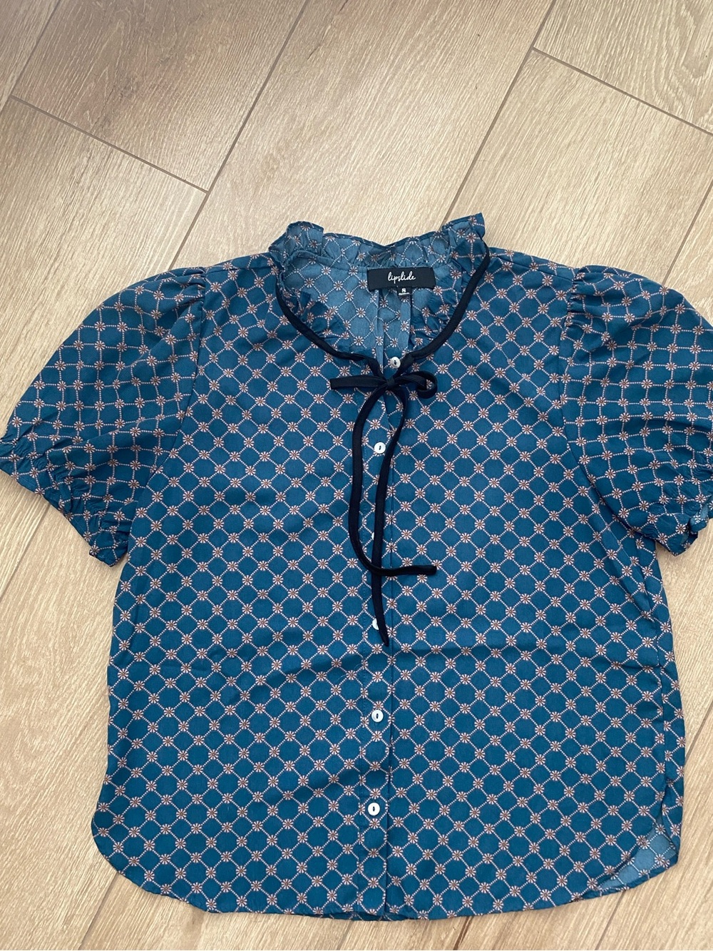 Lipslide Dark Teal Patterned Short-Sleeve Tie-Neck Blouse